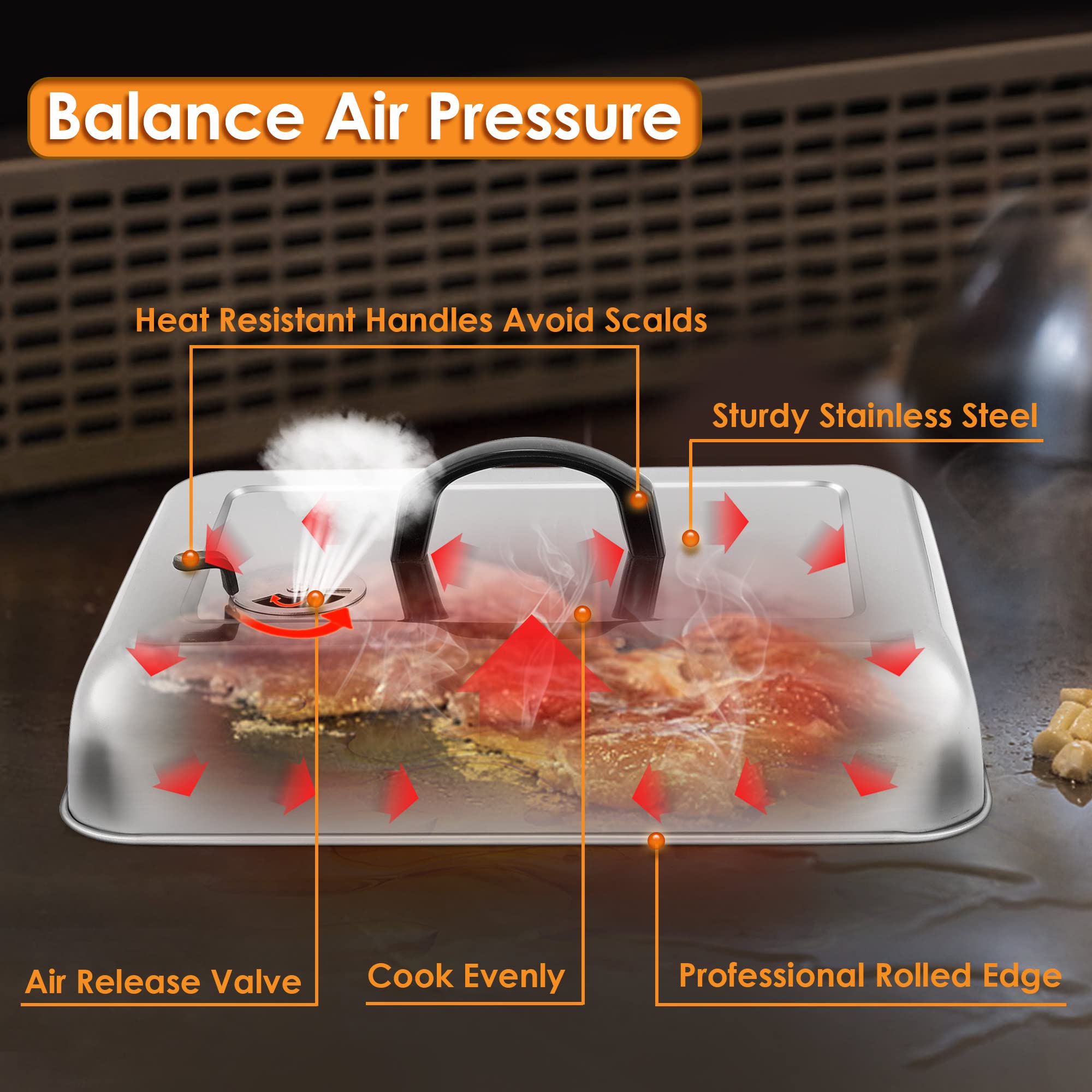 Leonyo 13 x 9 Inch Rectangular Basting Cover  with Adjustable Vent  Stainless Steel Metal Cheese Melting Dome Lid Heavy Duty for Outdoor&Indoor Flat Top Griddle BBQ Grilling Buffet  Heatproof Handle